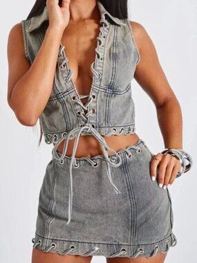 NWT Vintage Denim Lace Up Halterneck Top